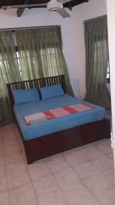 a bedroom with a bed with blue and red sheets at Ceylon Travel and Stay Lodge in Battaramulla
