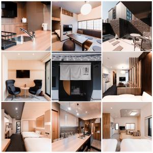 a collage of photos of a living room and a kitchen at ORI Rokkaku in Kyoto