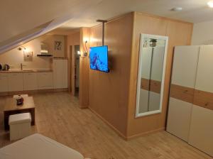 Großes Zimmer mit einer Küche und einem Kühlschrank. in der Unterkunft Wellness apartmán s vířivkou a saunou in Pilsen