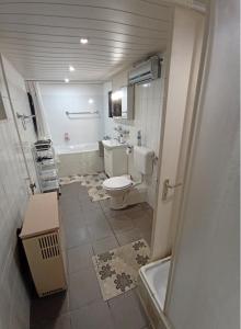 a bathroom with a toilet and a sink and a tub at Harmónia Parasztház és Apartman in Poroszló