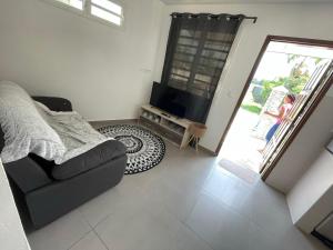 ein Wohnzimmer mit einem Sofa und einem TV in der Unterkunft Maison de Bourda in Cayenne