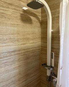 a bathroom with a shower with a wooden wall at apartment Julija in Okrug Donji +7 photos