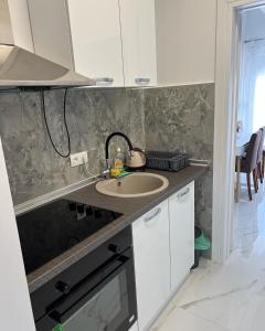 uma cozinha com um lavatório e um micro-ondas em apartment Julija em Okrug Donji