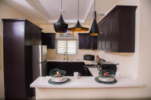 a kitchen with black cabinets and two plates on a counter at Hey Love in Ocho Rios