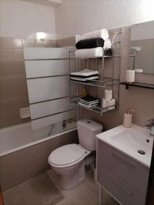 Appartement aux pieds des pistes / piscine في سان جيرفيه ليه بان: حمام به مرحاض أبيض ومغسلة