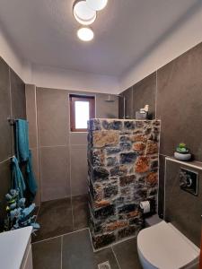 a bathroom with a stone shower and a toilet at Villa Mavri Ruhige private Pool Villa, Meerblick in Agia Paraskevi