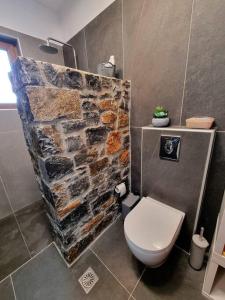 baño con pared de piedra y aseo en Villa Mavri Ruhige private Pool Villa, Meerblick, en Agia Paraskevi
