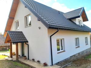 a white house with a black roof at Sowinka in Lutowiska