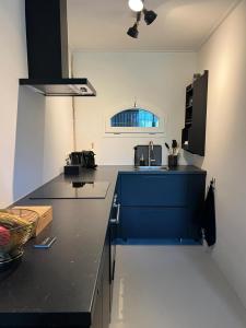 een keuken met een blauw en wit aanrecht bij De Citadel - De Boomgaard in Markelo