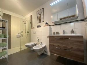 a bathroom with a toilet and a sink and a shower at Black Forest Villa in Lahr
