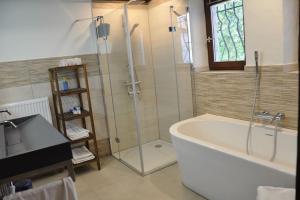 La salle de bains est pourvue d'une baignoire et d'une douche en verre. dans l'établissement Villa sous le Tilleul, à Barr