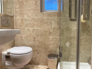 a bathroom with a toilet and a shower at A lovely guest room in West London in London