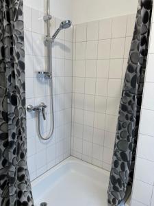 a bathroom with a shower with a shower curtain at Apartment Rot-Kreuz in Bad Säckingen
