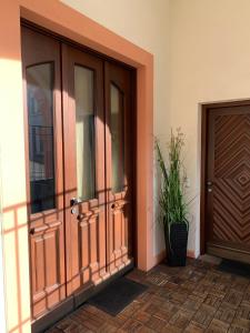 a large wooden door with a plant next to it at Ferienwohnungen im Osteiner Hof in Mainz