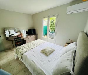een slaapkamer met een bed, een bureau en een raam bij Paradise in Le Gosier