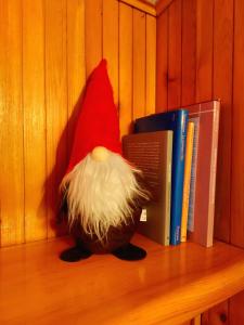 a bird with a red hat sitting on a book shelf at repaci 17 home in Camigliatello Silano