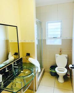 a bathroom with a glass sink and a toilet at Cozy Corner Guesthouse in Richards Bay