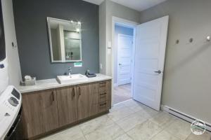 une salle de bain avec un lavabo et un miroir dans l'établissement Les Rois de la Montagne, à Saint-Jean-de-Matha
