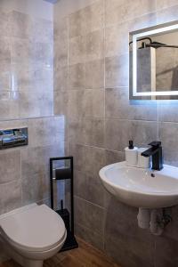 een badkamer met een wastafel, een toilet en een spiegel bij Przystań in Stalowa Wola