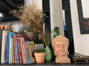 a shelf with a bust of a head and books at Sophia Homestay Hoi An in Hoi An