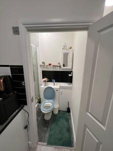 a bathroom with a blue toilet and a sink at Lovely apartment close to Acton central station in London