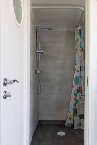 y baño con ducha y cortina de ducha. en Havsstugan, en Sölvesborg