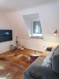 a living room with a couch and a tv at stilvolle Wohnung direkt in der City in Würzburg