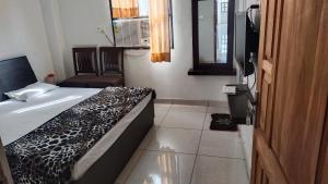 1 dormitorio con 1 cama y 1 gato en el suelo en RANGBAARI STAYS & CAFE, en Jodhpur