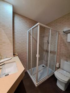 uma casa de banho com um chuveiro, um WC e um lavatório. em Hotel Casa Román em Sanxenxo