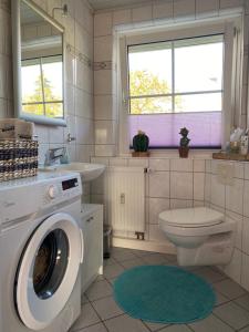 a bathroom with a washer and a toilet and a sink at Ferienwohnung Monika Ruhe & Natur nahe Bayreuth in Goldkronach