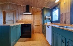 a kitchen with blue cabinets and a sink at Stunning Home In Sjusjen With House A Mountain View in Sjusjøen