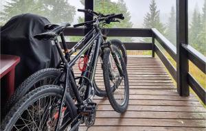 two bikes are parked on a wooden bridge at Stunning Home In Sjusjen With House A Mountain View in Sjusjøen