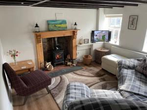 a living room with a couch and a fireplace at Isallt Cosy Cottage. Dogs Welcome. Superking & Double Bed. Log Burner. Peaceful Village Location in Llanbrynmair
