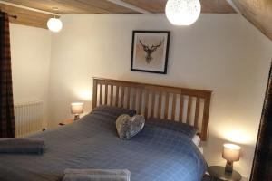 a bedroom with a bed with a blue comforter and two lamps at Isallt Cosy Cottage. Dogs Welcome. Superking & Double Bed. Log Burner. Peaceful Village Location in Llanbrynmair
