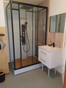 La salle de bains est pourvue d'une douche, d'un lavabo et d'un téléphone. dans l'établissement Appartement cosy dans chalet vue Montagne, à Saint-Étienne-en-Dévoluy