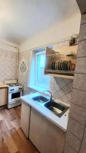 a small kitchen with a sink and a stove at Guest House - Гостевой частный дом in Dnipro