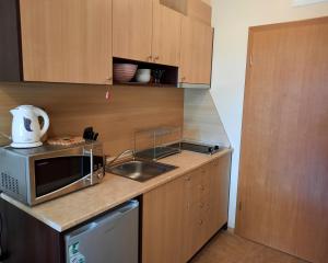 a small kitchen with a sink and a microwave at Apartments in Aspen Suites in Bansko