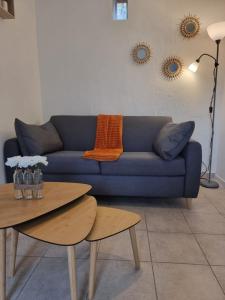 a living room with a blue couch and a table at Le Vivien in Romorantin