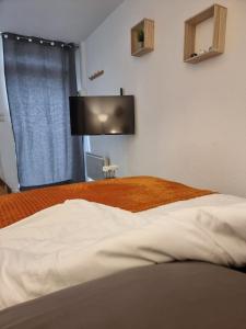 1 dormitorio con 1 cama y TV de pantalla plana en Le Vivien, en Romorantin-Lanthenay