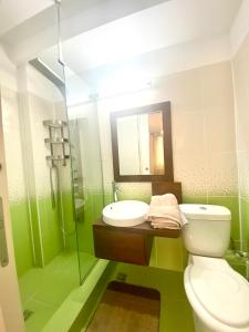 a green bathroom with a toilet and a sink at CASA DIEGO in Bucharest