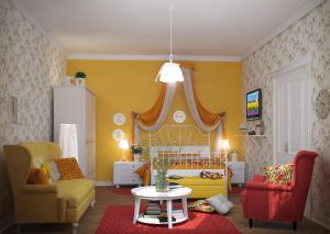 Dormitorio infantil con cama, mesa y sillas en Edem Apartmants in Lviv 2, en Leópolis