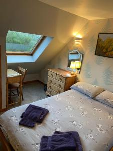 a bedroom with a bed and a desk and a window at Barfad Self Catering Holiday Cottages in Tarbert