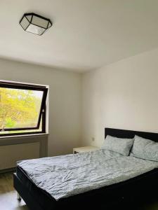 1 dormitorio con cama y ventana en Schöne Ferienwohnung mit Waldblick in Dillenburg, en Dillenburg