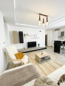 een woonkamer met een bank en een piano bij Luxury Apartment with Private Parking in Giroc