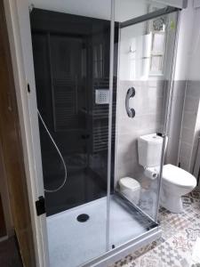 a bathroom with a glass shower with a toilet at The Old Bakery in Châteauneuf-du-Faou