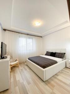 a bedroom with a large bed and a television at Luxury Apartment with Private Parking in Giroc