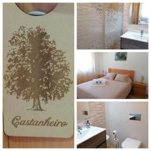 a collage of pictures of a bathroom with a tree mural at Casa do Meio in Alcofra