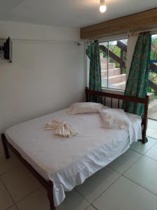 加羅帕巴的住宿－Jardim da Lagoa Casas de aluguel de temporada，一间卧室设有一张床和一个美景窗户。