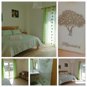 a collage of pictures of a bedroom with a tree mural at Casa do Meio in Alcofra