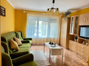sala de estar con sofá verde y mesa en Napfény nyaraló en Orosháza